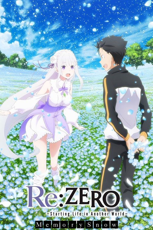 The poster features a young woman with white hair and a girl in a black jacket, standing in a field of snow. The background is a serene blue sky with falling snowflakes, creating a magical atmosphere. The title "Re:ZERO" is prominently displayed in bold letters, emphasizing the movie's title.