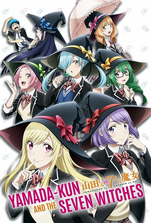 The poster features seven anime-style witches in vibrant colors—purple, green, blue, pink, and gold—posing dynamically against a white background. The title "Yamada-kun and the Seven Witches" is prominently displayed at the bottom in bold pink and gold lettering. The overall mood is whimsical and...