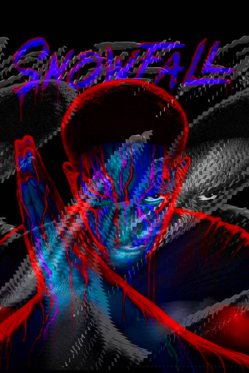 The poster features a striking figure with glowing blue and red eyes, set against a dark background. The title "SNOWFALL" is prominently displayed in purple, evoking a cold, mysterious atmosphere. The image conveys a sense of supernatural intrigue and eerie beauty.