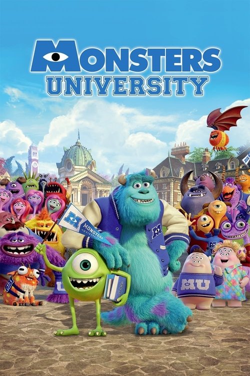 The poster features a vibrant scene with the iconic blue monster Mike Wazowski standing confidently in the foreground, surrounded by a colorful array of other monsters. The background showcases a whimsical university campus with pastel-colored buildings and a cheerful sky, creating a playful and ...
