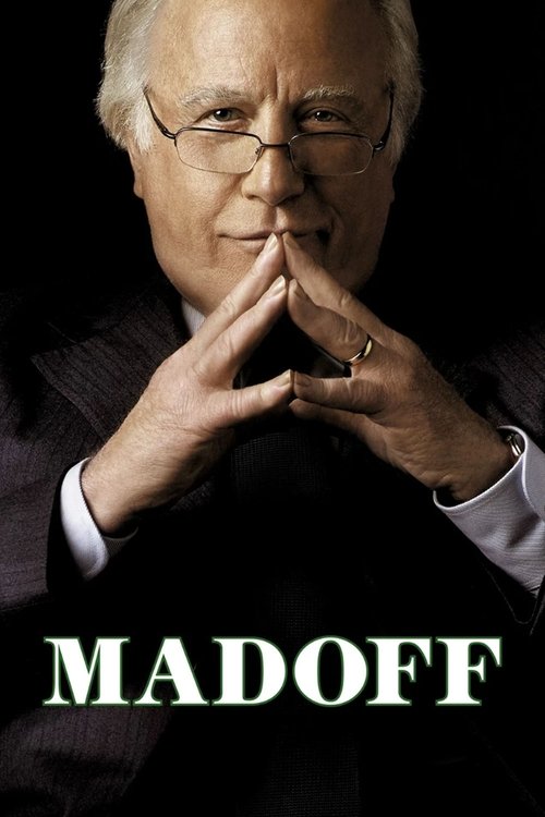 A man in a suit with his hands clasped in front of his face, set against a dark background, evokes a mysterious and serious mood. The bold, white text "MADOFF" anchors the image, emphasizing the show's title.