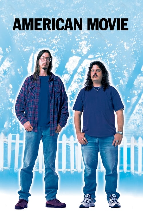 The poster features two men in casual attire against a snowy backdrop, evoking a cool, nostalgic atmosphere. The bold title "AMERICAN MOVIE" anchors the composition, while the white fence and icy tones suggest a classic, timeless feel.
