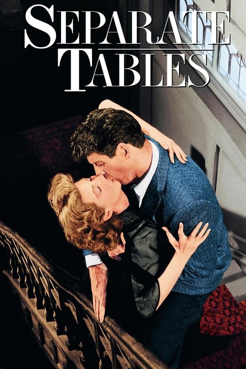 The poster features a romantic couple in a close embrace, with warm tones and soft lighting creating an intimate atmosphere. The title "Separate Tables" is prominently displayed in elegant typography, suggesting themes of romance and separation.