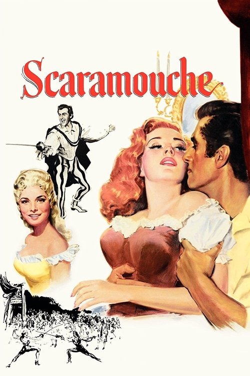 This vintage movie poster for "Scaramouche" features a romantic scene with a woman in a golden dress and a man in a yellow shirt embracing her. The background includes a silhouette of a knight and a blonde woman in a white dress, suggesting a medieval fantasy setting. The warm colors and dramatic...