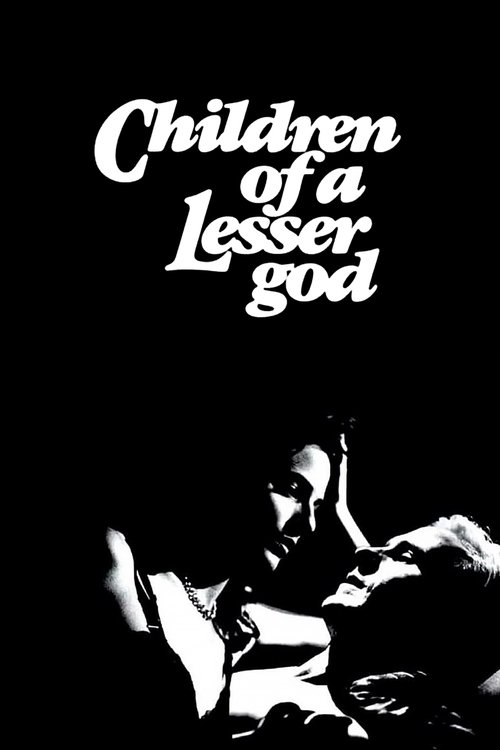 The poster features a stark black background with the title "Children of a Lesser God" in elegant white script. Below, a silhouette of a man in a dimly lit room appears to be reading a book, evoking a sense of introspection and mystery. The monochromatic palette and shadowy figure create a moody,...