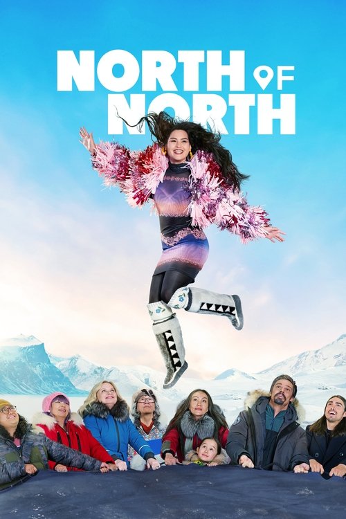The poster features a joyful woman mid-jump with vibrant pink flowers, symbolizing freedom and joy. Below her, a diverse group of people smiles warmly, suggesting a family or community gathering. The snowy backdrop and bright colors evoke a cheerful, adventurous mood, capturing the essence of exp...