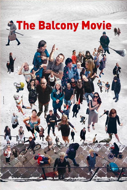 The Balcony Movie poster captures a chaotic scene of people gathered on a snowy balcony, dressed in winter clothing. The image conveys a sense of movement and energy, with figures scattered across the frame, suggesting a lively and possibly humorous atmosphere.