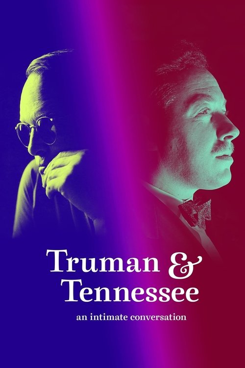 The poster features a split-screen design with Truman and Tennessee on opposite sides, their faces illuminated by a vibrant purple and blue gradient. The mood is intimate and reflective, capturing the essence of a personal conversation between two iconic figures.