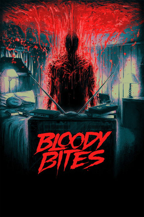 The poster features a menacing figure with glowing red eyes, standing in a dark, eerie room filled with blood and decay. The title "Bloody Bites" is prominently displayed in bold red letters, creating a chilling atmosphere.