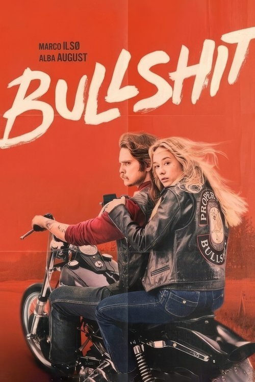 The poster features two women riding a motorcycle against a vibrant red background. The bold, white "BULLSHIT" text dominates the upper section, while the women exude a playful, energetic mood. The overall design captures the comedic and adventurous spirit of the show.