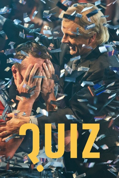 The poster features two men laughing joyfully amidst a shower of colorful confetti, with the word "QUIZ" prominently displayed in bold yellow letters. The vibrant colors and celebratory atmosphere convey a sense of excitement and fun.