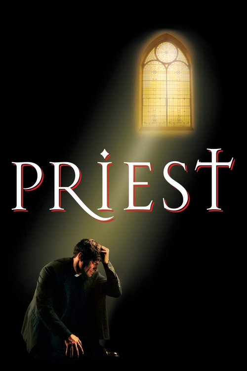 The poster features a somber scene with a man in dark clothing, his head bowed in despair, against a backdrop of a glowing stained-glass window. The warm light contrasts with the dark tones, creating a mysterious and melancholic atmosphere. The title "Priest" is prominently displayed in elegant, ...