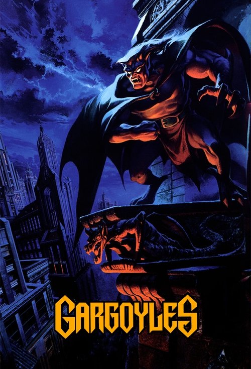 The poster features a menacing, shadowy figure in a dark cloak looming over a cityscape at night. The deep blue and purple hues create a mysterious and ominous atmosphere, while the title "GARGOYLES" glows in fiery orange against the dark background.