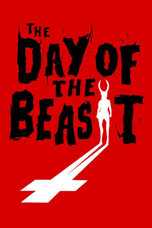 The poster features a stark red background with the title "The Day of the Beast" in bold, black, distressed typography. A silhouette of a person stands on the right side, holding a glowing white lightning bolt, evoking suspense and danger. The composition creates a mysterious and ominous atmosphere.