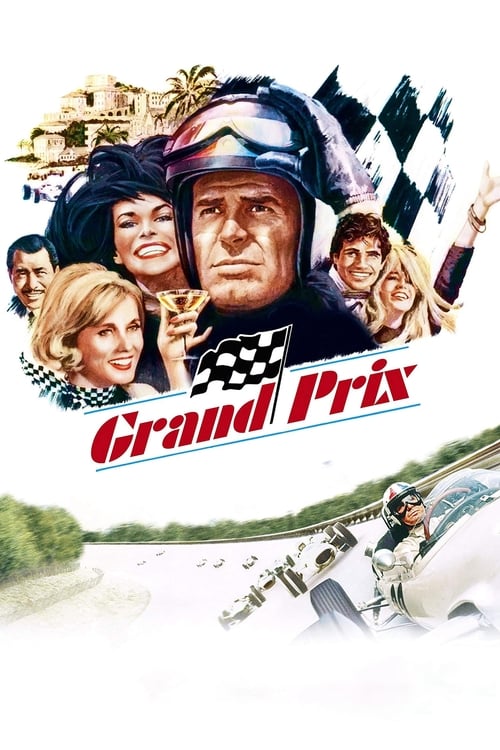 The poster features a dynamic racing scene with a man in a helmet and checkered flag, flanked by a woman and a child, all set against a backdrop of a picturesque landscape. The bold red and white "Grand Prix" text dominates the center, evoking excitement and speed. The overall mood is energetic a...