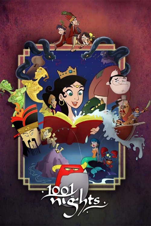 This vibrant poster features a central girl reading a magical book surrounded by fantastical characters in a whimsical fantasy setting. The rich purple and gold color scheme, along with the playful and adventurous atmosphere, evoke a sense of wonder and magic.