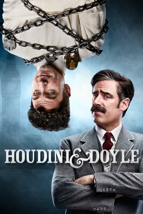 This TV poster features a man in a suit with arms crossed, exuding confidence against a dramatic blue background. Above him, a mysterious figure with a beard and chains hangs from a rope, adding intrigue. The title "HOUDINI & DOYLE" is prominently displayed in bold, white letters. The overall moo...