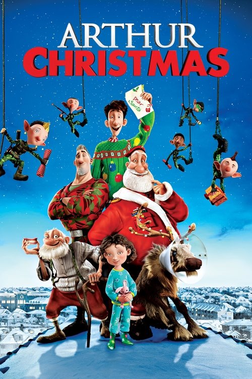This festive movie poster features a cheerful group of animated characters, including Santa Claus, Arthur, and other elves, set against a snowy backdrop. The vibrant reds, greens, and blues create a magical Christmas atmosphere, evoking warmth and holiday cheer.