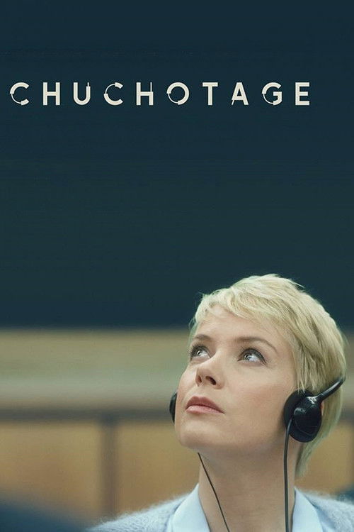 The poster features a woman with short blonde hair and headphones, looking upward with a contemplative expression. The title "CHUCHOTAGE" is prominently displayed in white text against a dark background. The muted tones and focused gaze evoke a sense of mystery and introspection.
