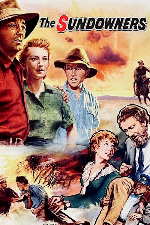 The poster features a group of rugged characters in a dramatic, sun-drenched landscape. Intense colors like reds, greens, and browns evoke a sense of adventure and hardship. The mood is one of camaraderie and resilience as the characters stand together against a backdrop of vast, open skies.