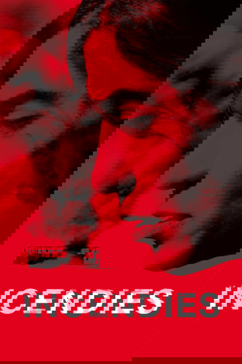 The poster features a close-up of a man's face in shadow against a vibrant red background, evoking a sense of mystery and danger. The word "INCENDIES" is prominently displayed in bold white letters at the bottom, suggesting themes of fire and destruction. The overall composition creates an intens...
