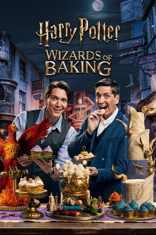The poster features two characters in wizard attire against a magical, starry backdrop. The warm colors of the food and the festive atmosphere create a whimsical mood, hinting at the show's blend of wizardry and baking.