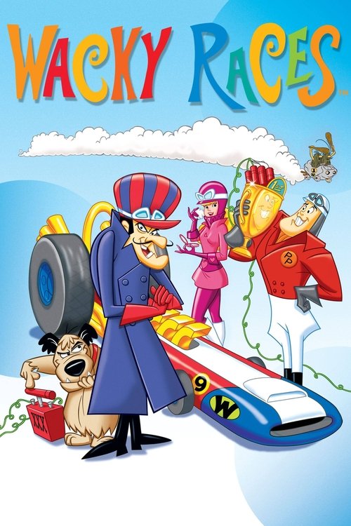 This vibrant poster features the iconic Wacky Races characters in a dynamic scene. The colorful characters, including the muscular man in a blue coat, the pink-haired girl, and the red-shirted runner, are set against a bright blue sky with clouds. The playful and energetic mood is captured throug...