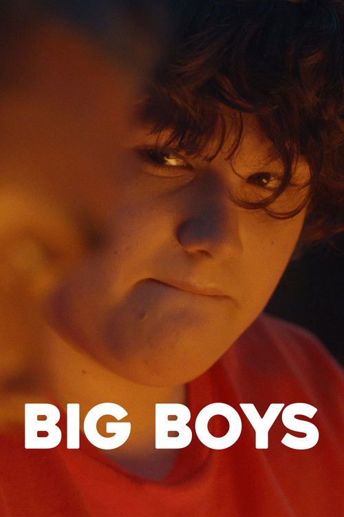 The poster features a young boy with curly hair and a serious expression, bathed in warm orange and red hues. The bold white text "BIG BOYS" anchors the image, evoking a sense of youthful rebellion and nostalgia.