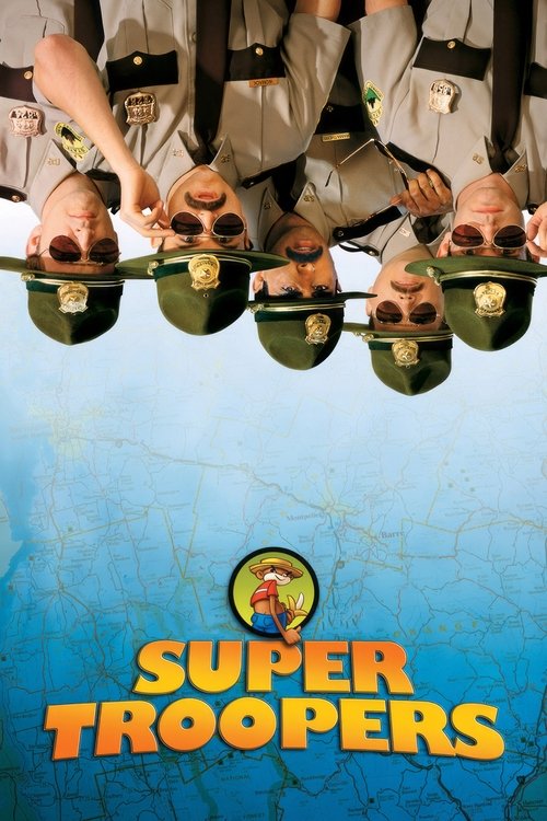 The poster features a group of uniformed officers with sunglasses, their faces obscured by green masks, creating a mysterious and humorous atmosphere. The blue background with cracked texture adds to the gritty, action-oriented feel, while the bold yellow text "SUPER TROOPERS" dominates the botto...