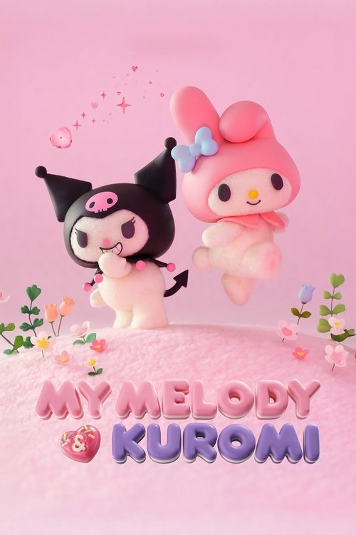 This pastel pink poster features Kuromi and My Melody floating on a soft, dreamy background with whimsical flowers. The playful, cute mood captures the beloved characters in a charming, magical scene.
