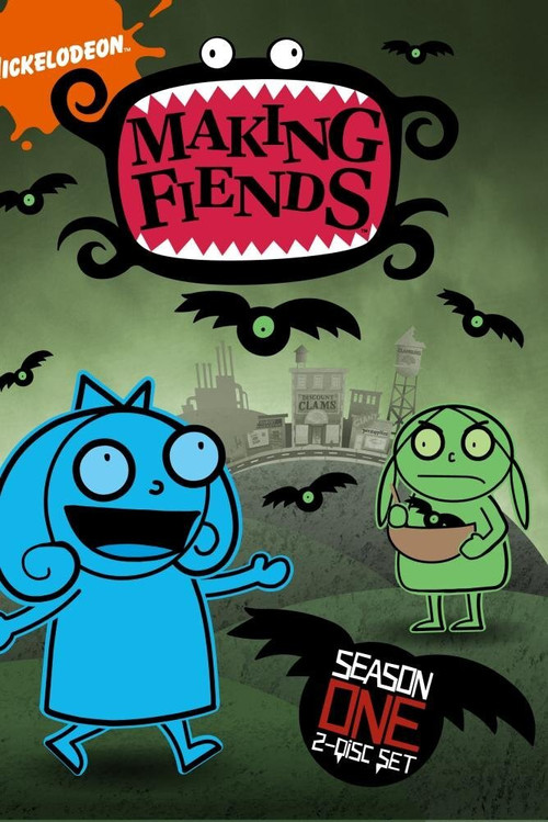 The poster features two animated characters against a spooky backdrop. A blue creature with wide eyes and a cheerful expression stands on the left, while a green monster with a mischievous grin appears on the right. The title "Making Fiends" is prominently displayed in a jagged font, surrounded b...