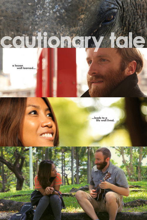 This movie poster for "Cautionary Tale" features a collage of four scenes: a man and woman in a park, a close-up of a man with a beard, a woman looking up, and a red door. The warm tones and natural lighting evoke a sense of nostalgia and connection.