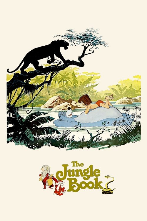 The poster features a silhouette of a lion on a tree branch against a vibrant jungle backdrop. A small monkey and a human figure swim peacefully in a pond below. The scene exudes a serene, dreamy mood with warm yellow and green tones, capturing the essence of the jungle book.