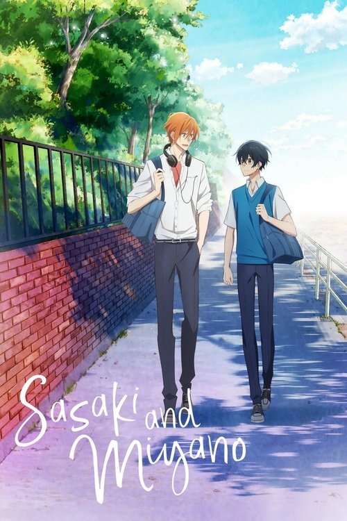 The poster features two anime characters walking along a sunny park path, with vibrant green trees and a clear blue sky in the background. The warm sunlight casts soft shadows, creating a cheerful and inviting atmosphere. The characters' casual attire and relaxed demeanor suggest a friendly and a...