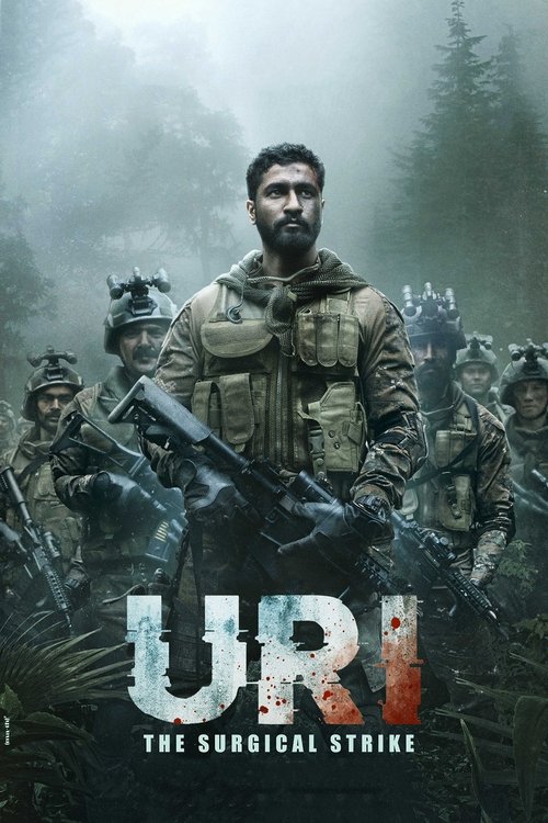 The poster features a rugged soldier in tactical gear amidst a misty, war-torn battlefield, evoking a somber and intense mood. The muted greens and grays of the environment contrast with the soldier's earthy tones, while the bold "URI" title in distressed typography underscores the film's gritty,...