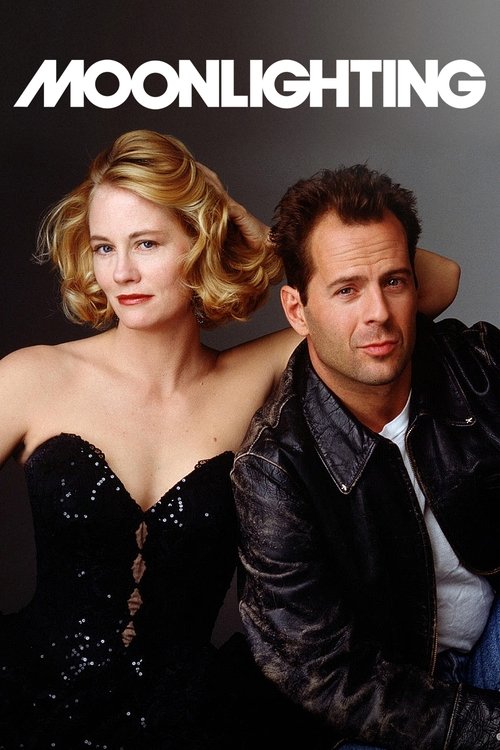 The poster features a glamorous blonde woman in a black sequined dress and a man in a leather jacket, both exuding confidence against a dark background. The title "MOONLIGHTING" is prominently displayed at the top, suggesting a romantic or dramatic theme.