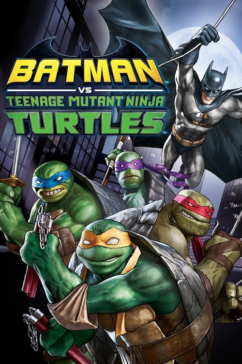 This poster features four Teenage Mutant Ninja Turtles in dynamic poses against a dark, gritty Gotham City backdrop. The vibrant green turtles contrast sharply with Batman's sleek, metallic armor and the menacing red mask. The dramatic lighting and intense expressions convey a sense of action and...