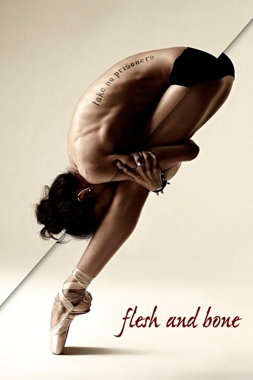 The poster features a muscular woman in a dramatic pose against a minimalist background, emphasizing her physique and bold, artistic style. The sepia-toned aesthetic adds a timeless, evocative feel, while the elegant script text "flesh and bone" reinforces the show's theme of exploring human tran...