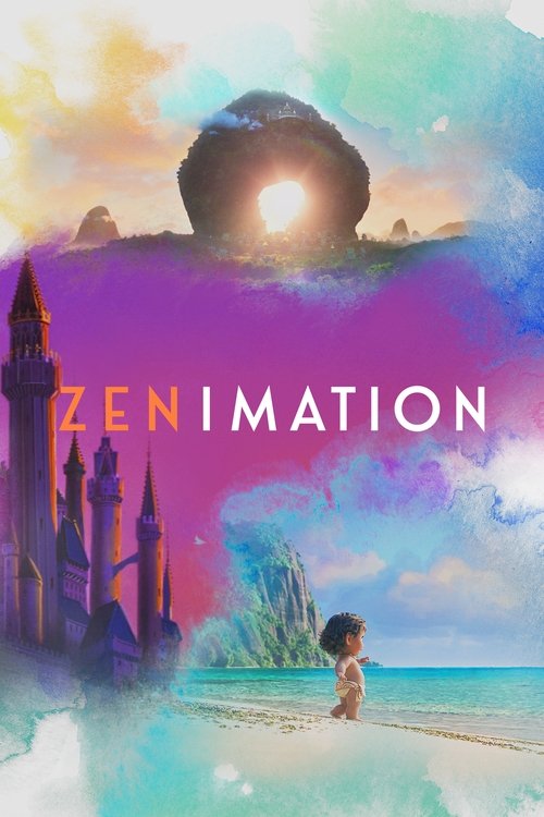 The poster features a serene beach scene with a child sitting on the sand, bathed in soft pastel colors. A mysterious, glowing orb floats above, casting a dreamlike atmosphere. The title "Zenimation" is prominently displayed in elegant typography.