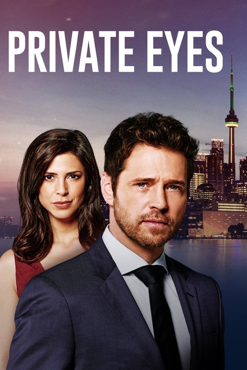 The poster features a man and woman in formal attire against a backdrop of the New York City skyline at dusk. The warm tones of the city contrast with the cool blues of the sky, creating a dramatic and mysterious atmosphere. The title "PRIVATE EYES" is prominently displayed at the top in bold whi...