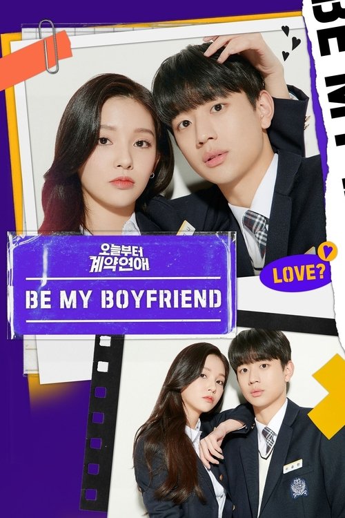 The poster features a romantic couple in formal attire, with one person gently resting their head on the other's shoulder. The vibrant purple and yellow color scheme creates a playful yet affectionate mood, while the bold text "BE MY BOYFRIEND" emphasizes the central theme.