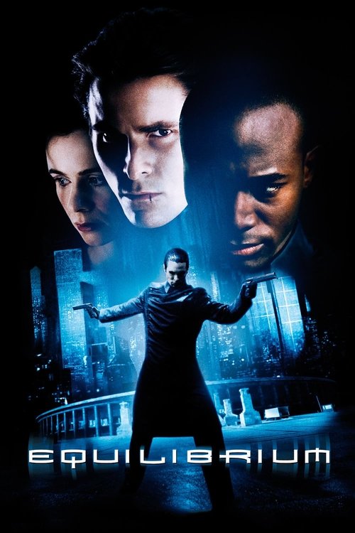 This movie poster features three men with intense expressions against a dark, moody background. A central figure stands in silhouette, arms outstretched, casting a blue glow that suggests mystery and suspense. The title "Equilibrium" is prominently displayed at the bottom, hinting at themes of ba...