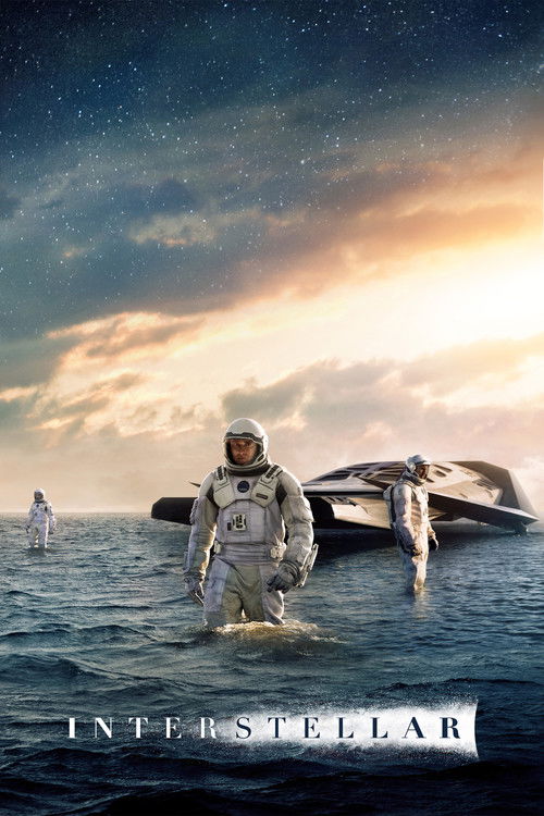 The poster features three astronauts in white spacesuits wading through the ocean under a starry sky. The central figure stands confidently while a sleek spaceship rests nearby. The warm sunset hues blend with deep blues, creating a dreamy, hopeful atmosphere that hints at the film's themes of su...