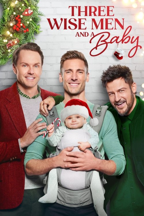 The poster features three men in festive attire, with one holding a baby dressed in a Santa outfit. The warm reds and greens of their clothing contrast with the festive greenery in the background. The mood is cheerful and celebratory, suggesting a holiday-themed movie.
