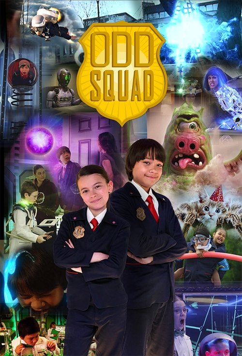 This vibrant poster features two boys in school uniforms standing confidently against a colorful, chaotic backdrop of animated characters and sci-fi elements. The dynamic composition, rich in bright hues and action, captures the energetic, adventurous spirit of the show.