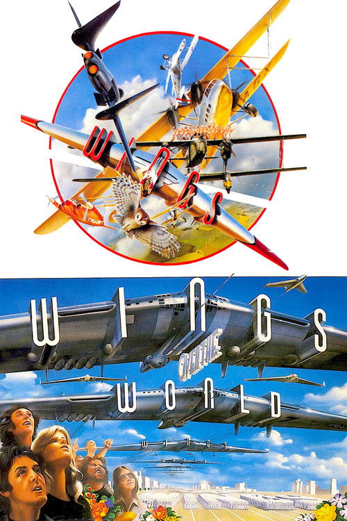 This poster captures the vibrant energy of "Paul McCartney & Wings: Wings Over the World," featuring a dynamic scene with people in colorful attire against a backdrop of flying planes and a sunny sky. The composition blends action and celebration, evoking a sense of adventure and freedom.