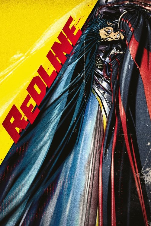 The poster features a dramatic, close-up view of a woman in a black leather jacket, her face partially obscured by shadows and reflections. The bold red text "REDLINE" dominates the left side against a vibrant yellow background, creating a striking contrast. The overall mood is intense and cinema...