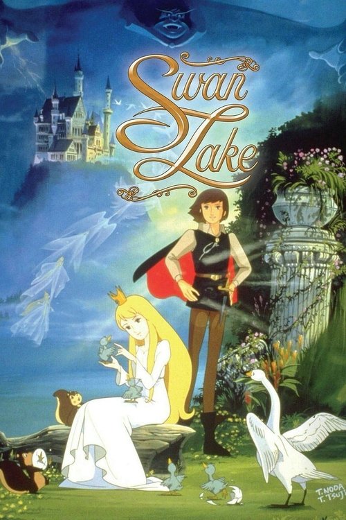 The poster features a romantic scene with a young man in a black outfit and a blonde woman in a white dress, surrounded by lush greenery and a majestic white swan. The background showcases a castle under a dreamy blue sky, evoking a fairy tale atmosphere. The overall mood is enchanting and whimsi...