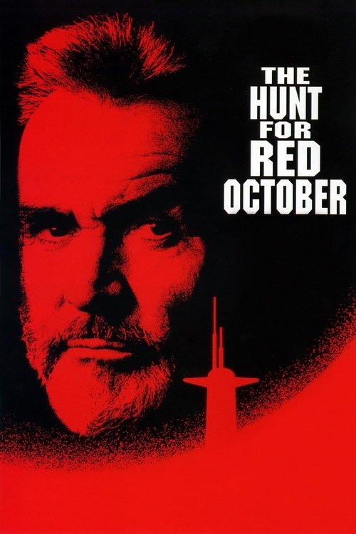 The poster features a close-up of a man's face in stark red against a black background, evoking a sense of mystery and danger. The title "The Hunt for Red October" is prominently displayed in bold white letters, emphasizing the film's intense and suspenseful tone. The overall design creates a chi...