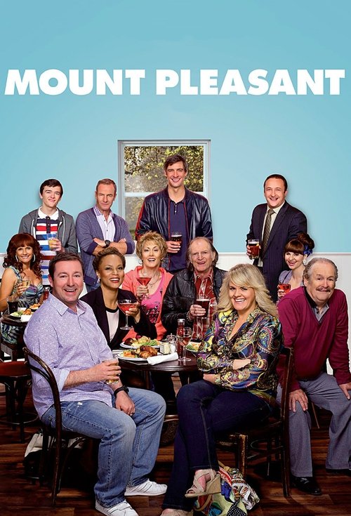 The poster features a lively group of people in a warm, inviting setting. The vibrant colors and cheerful expressions create a friendly and welcoming atmosphere. The text "Mount Pleasant" is prominently displayed at the top, emphasizing the show's name.